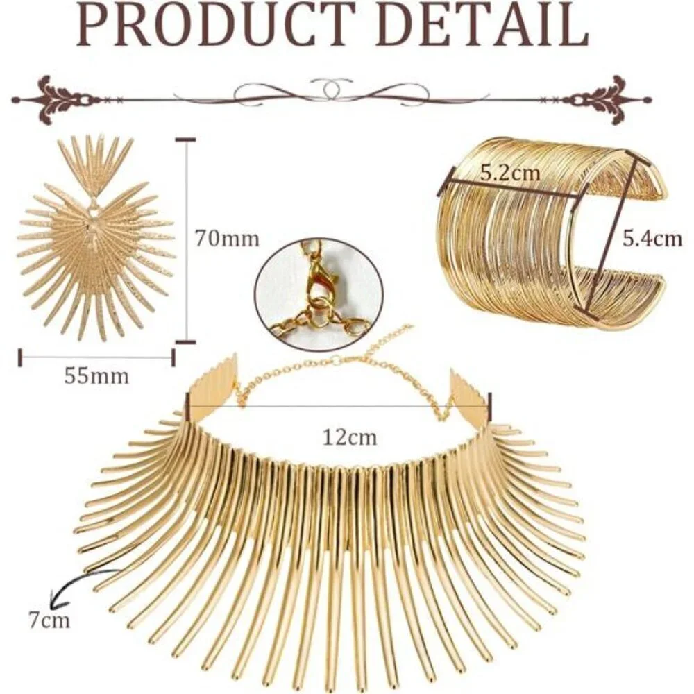 Bohemian Statement Gold Collar Necklace, Cuff Bracelet & Earrings Set Tribal
